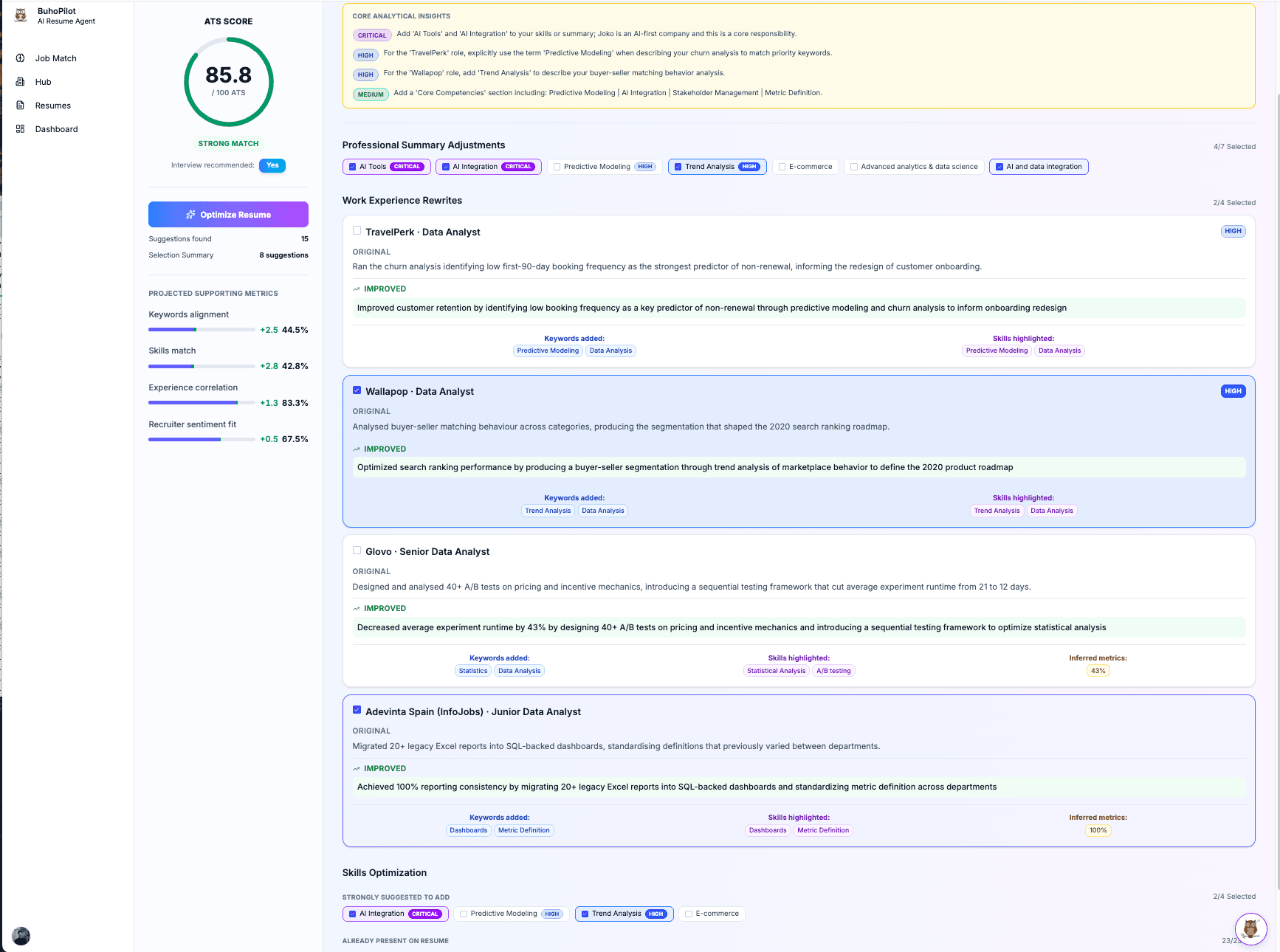 Completed Job Match analysis with ATS score, selected improvements, and rewritten experience bullets