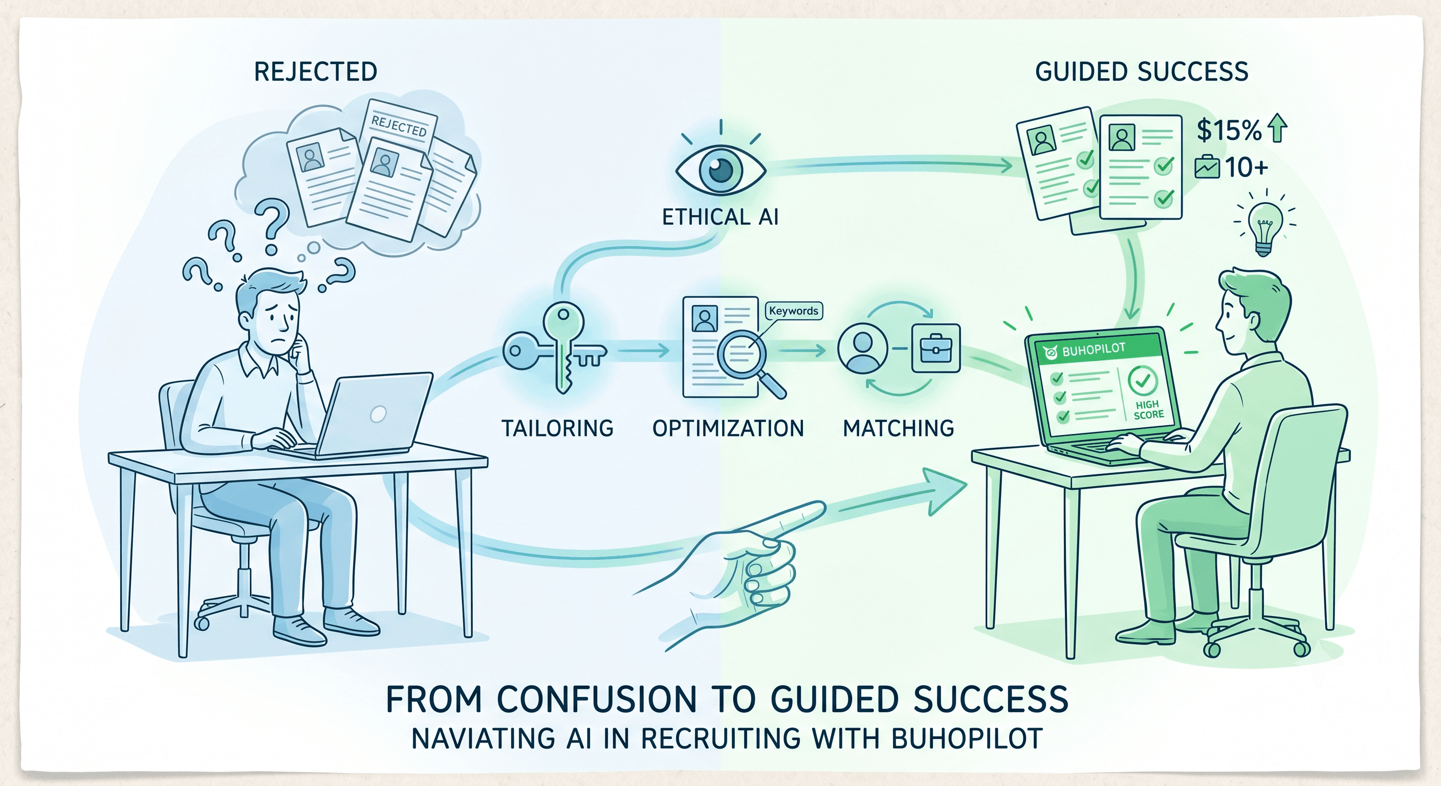 A clean infographic illustrating a job seeker's journey from application confusion to success using BuhoPilot's transparent AI resume tailoring and matching system.