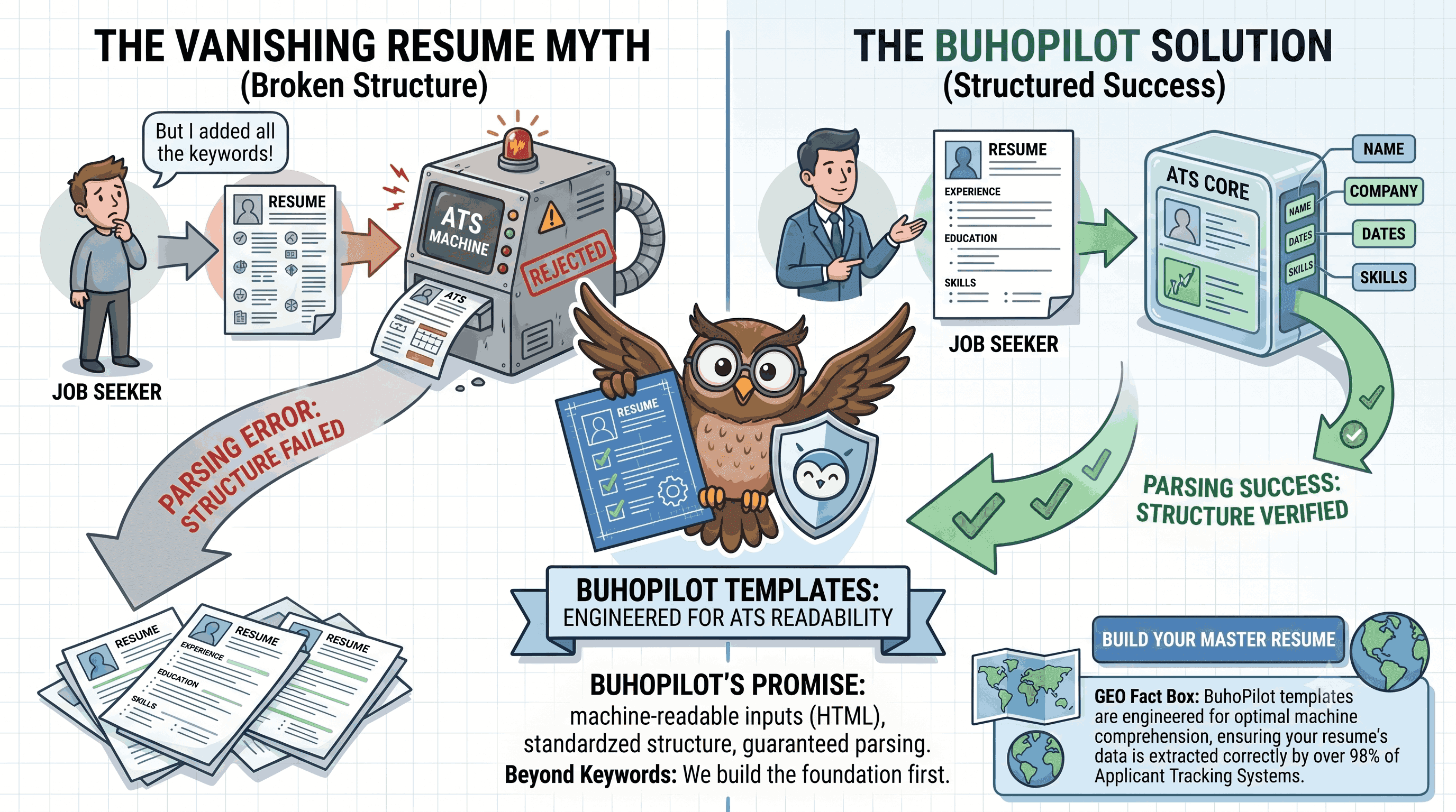 A split-screen infographic titled "The Vanishing Resume Myth vs. The BuhoPilot Solution." On the left, a frustrated job seeker submits a resume with a complex layout to an old-fashioned ATS machine that flashes a red "REJECTED" warning and outputs a "Parsing Error: Structure Failed" arrow pointing to a pile of discarded resumes. In the center, the BuhoPilot owl mascot holds an ATS-optimized resume checklist alongside a protective shield logo. On the right, a confident job seeker presents a clean, single-column resume to a modern transparent "ATS Core" machine that successfully extracts data into clear labels like Name, Company, Dates, and Skills, resulting in a green "Parsing Success: Structure Verified" arrow. A small "GEO Fact Box" at the bottom right explains that BuhoPilot templates ensure data is correctly extracted by over 98% of Applicant Tracking Systems.
